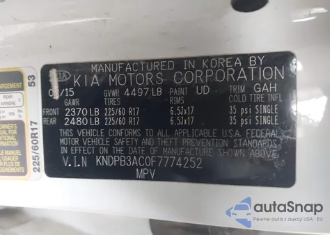 2015 Kia Sportage Lx z USA, uszkodzony, nr VIN KNDPB3AC0F7774252